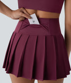 High Waisted Pleated 2-in-1 Side & Pocket Asymmetric Hem Quick Dry Mini Dance Skirt — Amaranth — view 5