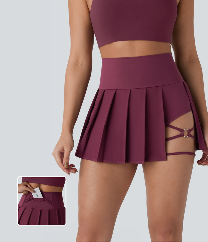 High Waisted Pleated 2-in-1 Side & Pocket Asymmetric Hem Quick Dry Mini Dance Skirt — Amaranth — view 1