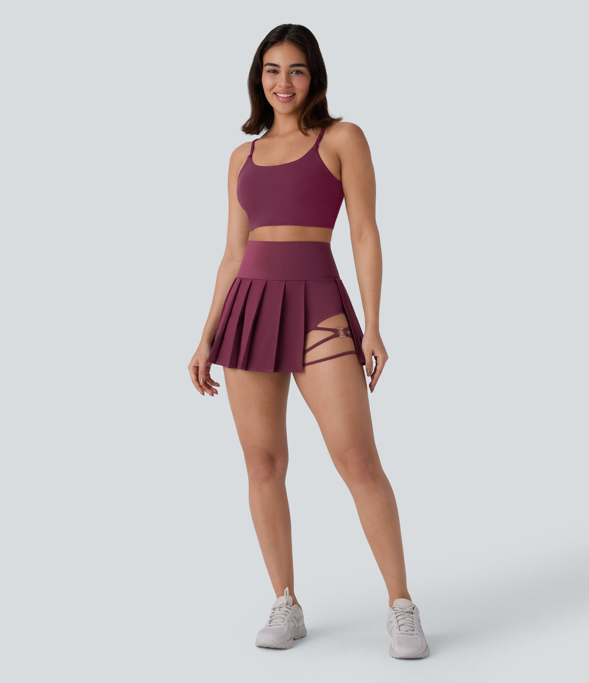High Waisted Pleated 2-in-1 Side & Pocket Asymmetric Hem Quick Dry Mini Dance Skirt — Amaranth — view 8