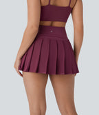 High Waisted Pleated 2-in-1 Side & Pocket Asymmetric Hem Quick Dry Mini Dance Skirt — Amaranth — view 3
