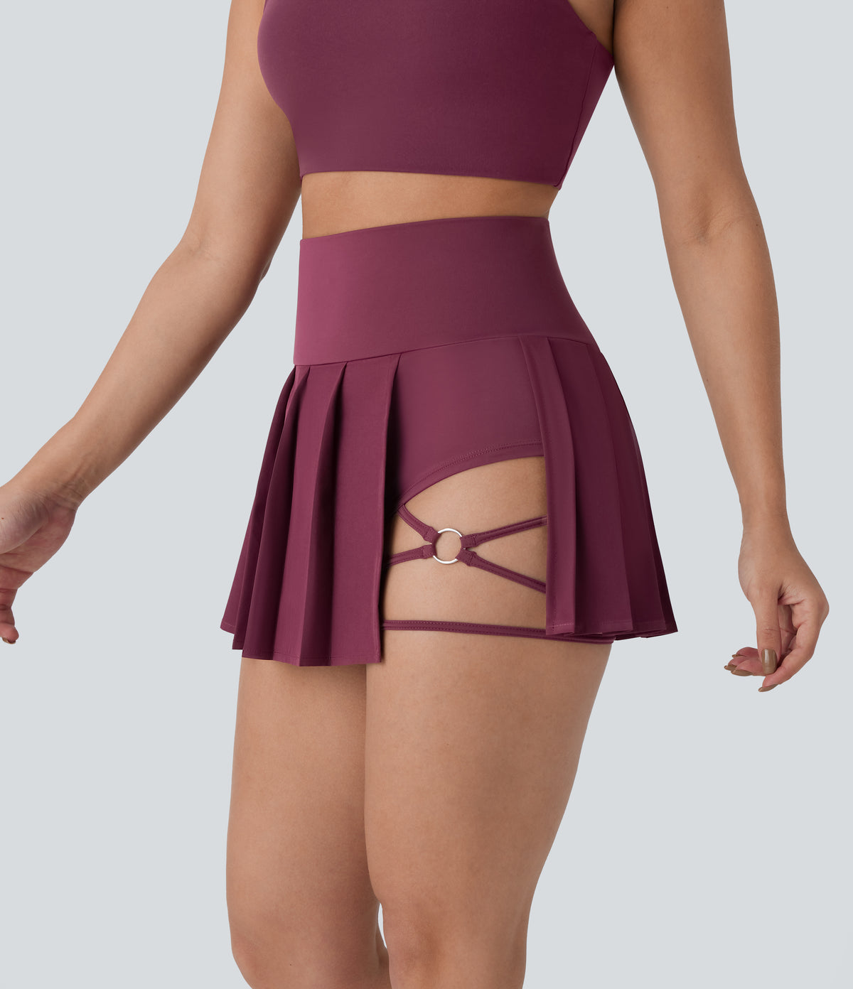 High Waisted Pleated 2-in-1 Side & Pocket Asymmetric Hem Quick Dry Mini Dance Skirt — Amaranth — view 4