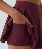 High Waisted Pleated 2-in-1 Side & Pocket Asymmetric Hem Quick Dry Mini Dance Skirt — Amaranth — view 6
