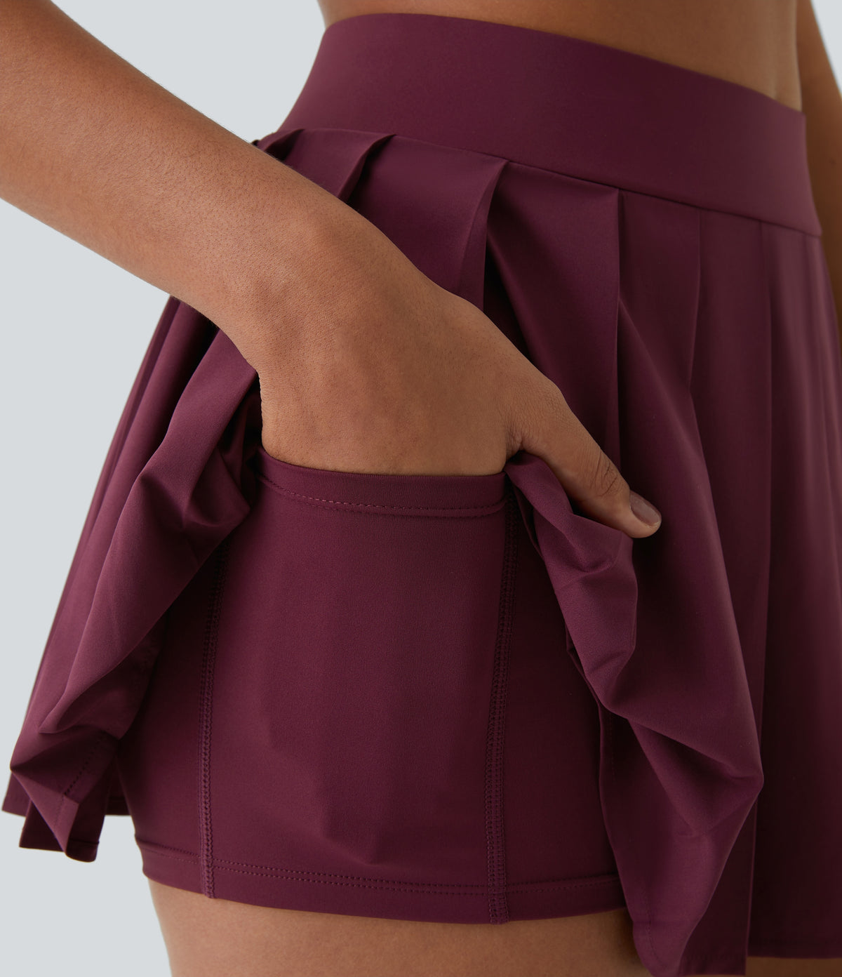 High Waisted Pleated 2-in-1 Side & Pocket Asymmetric Hem Quick Dry Mini Dance Skirt — Amaranth — view 6