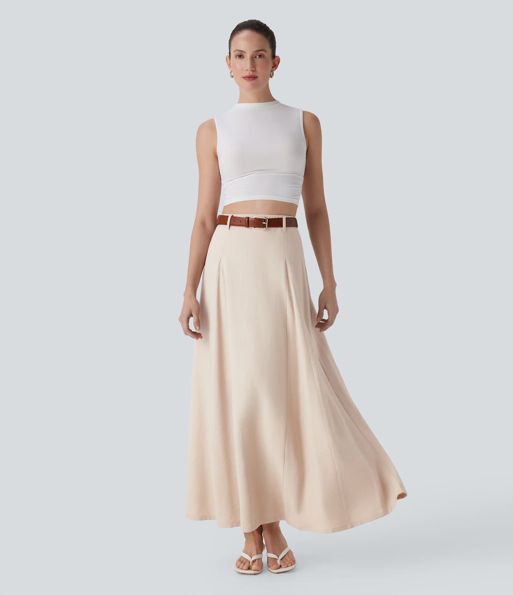 High Waisted Invisible Zipper Maxi Casual Linen-Feel Flare Skirt — Brazilian Sand — view 7