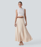 High Waisted Invisible Zipper Maxi Casual Linen-Feel Flare Skirt — Brazilian Sand — view 7