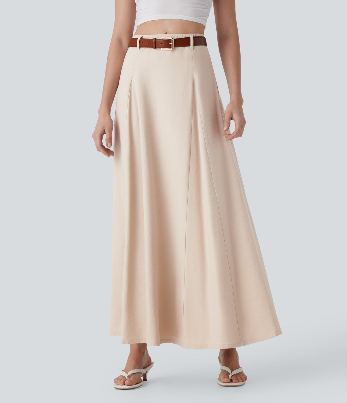 High Waisted Invisible Zipper Maxi Casual Linen-Feel Flare Skirt — Brazilian Sand — view 3