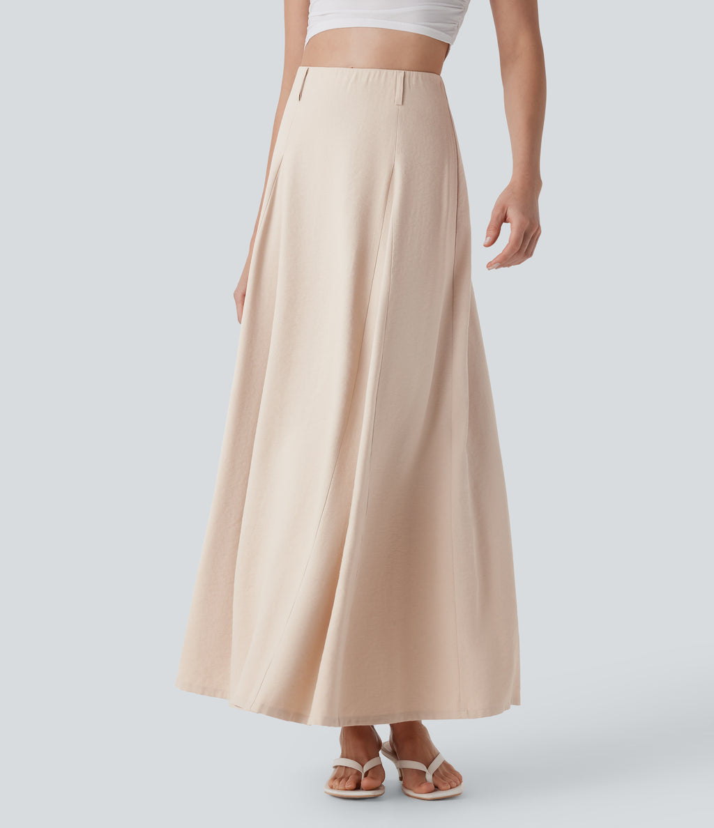 High Waisted Invisible Zipper Maxi Casual Linen-Feel Flare Skirt — Brazilian Sand — view 4