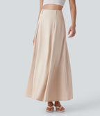 High Waisted Invisible Zipper Maxi Casual Linen-Feel Flare Skirt — Brazilian Sand — view 4