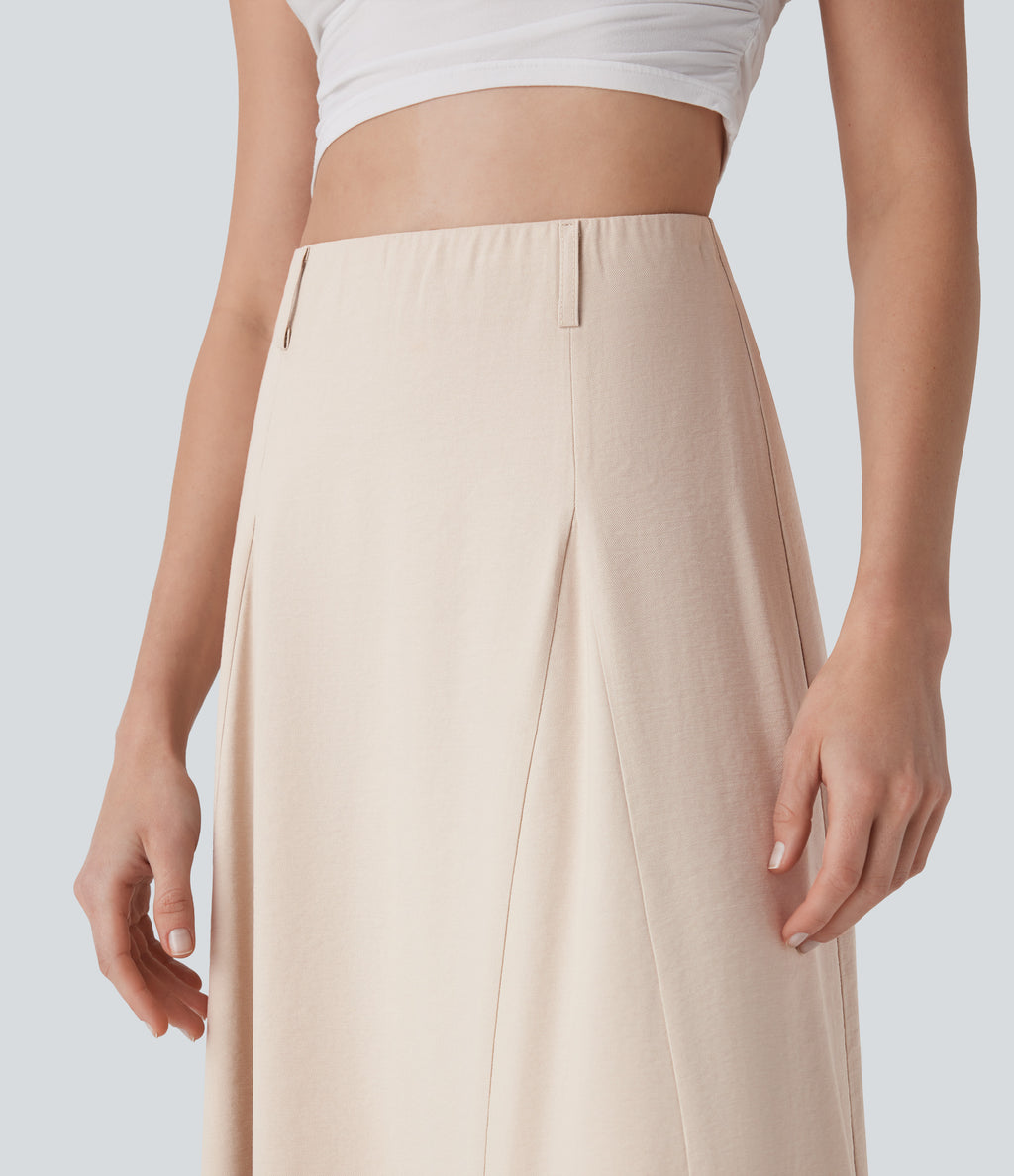High Waisted Invisible Zipper Maxi Casual Linen-Feel Flare Skirt — Brazilian Sand — view 5