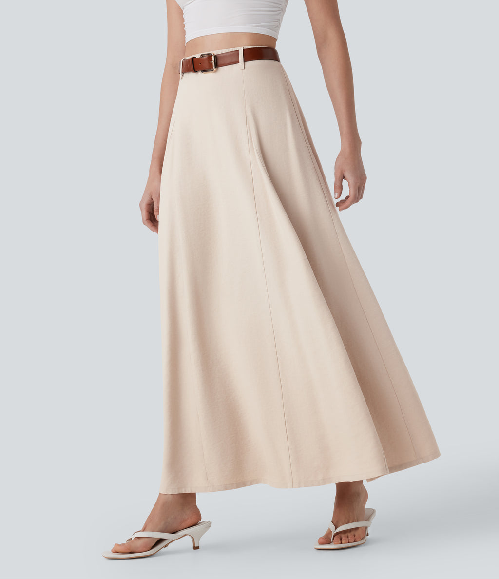 High Waisted Invisible Zipper Maxi Casual Linen-Feel Flare Skirt — Brazilian Sand — view 1