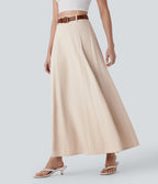 High Waisted Invisible Zipper Maxi Casual Linen-Feel Flare Skirt — Brazilian Sand — view 1