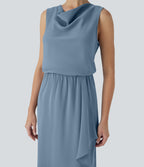 Wrinkle Recovery Cowl Neck Sleeveless Crossover Hem Midi Travel Dress with Pockets — Mountain Spring — view 4