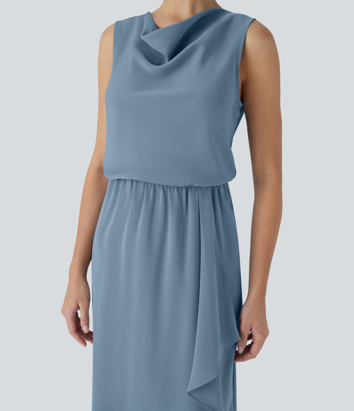 Wrinkle Recovery Cowl Neck Sleeveless Crossover Hem Midi Travel Dress with Pockets — Mountain Spring — view 4