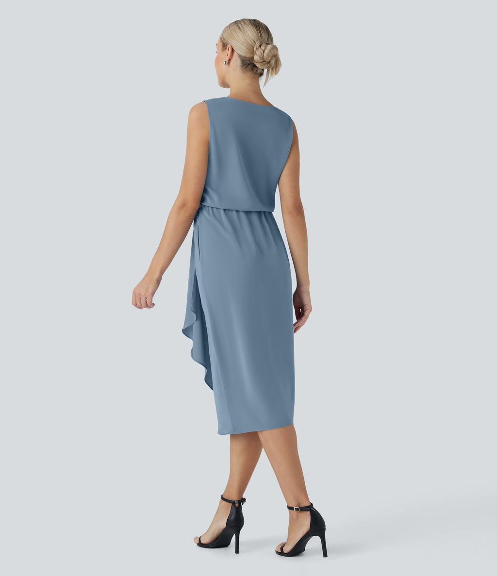Wrinkle Recovery Cowl Neck Sleeveless Crossover Hem Midi Travel Dress with Pockets — Mountain Spring — view 2