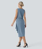 Wrinkle Recovery Cowl Neck Sleeveless Crossover Hem Midi Travel Dress with Pockets — Mountain Spring — view 2