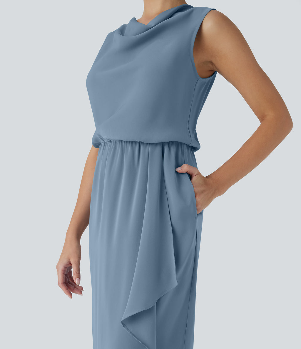 Wrinkle Recovery Cowl Neck Sleeveless Crossover Hem Midi Travel Dress with Pockets — Mountain Spring — view 5