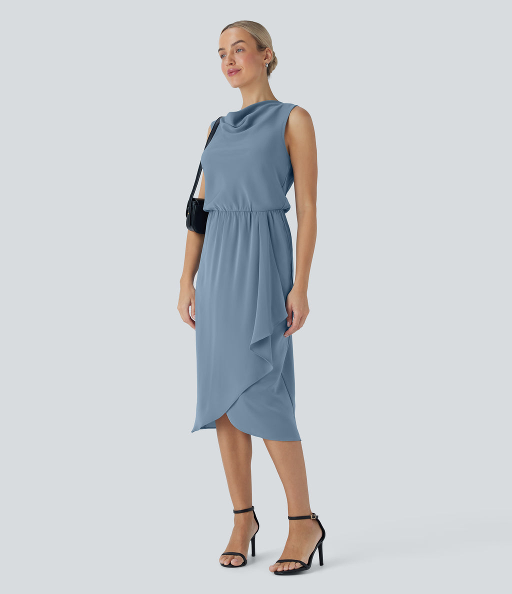 Wrinkle Recovery Cowl Neck Sleeveless Crossover Hem Midi Travel Dress with Pockets — Mountain Spring — view 6