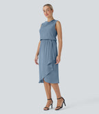 Wrinkle Recovery Cowl Neck Sleeveless Crossover Hem Midi Travel Dress with Pockets — Mountain Spring — view 3