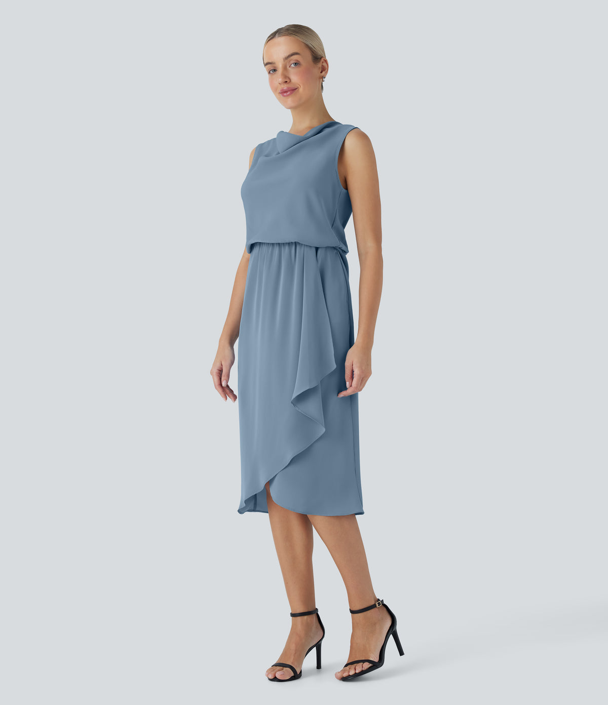 Wrinkle Recovery Cowl Neck Sleeveless Crossover Hem Midi Travel Dress with Pockets — Mountain Spring — view 3