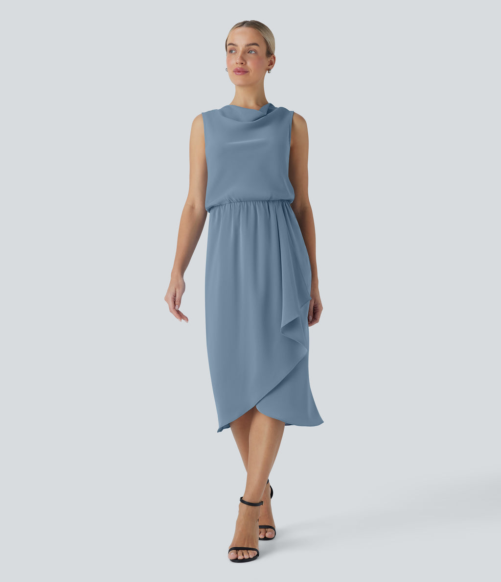 Wrinkle Recovery Cowl Neck Sleeveless Crossover Hem Midi Travel Dress with Pockets — Mountain Spring — view 1