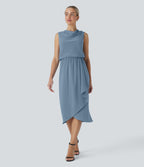 Wrinkle Recovery Cowl Neck Sleeveless Crossover Hem Midi Travel Dress with Pockets — Mountain Spring — view 1