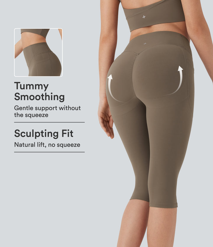 High Waisted Scrunch Butt Lifting Tummy Control Shaping Training Pedal Pusher Leggings with Pockets — Dawn Brown — view 1