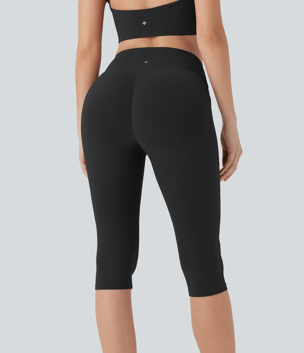 High Waisted Scrunch Butt Lifting Tummy Control Shaping Training Pedal Pusher Leggings with Pockets — Black — view 7
