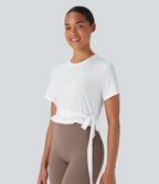 Round Neck Short Sleeve Backless Tie Side Yoga Sports Top — White — view 3