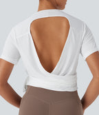 Round Neck Short Sleeve Backless Tie Side Yoga Sports Top — White — view 4