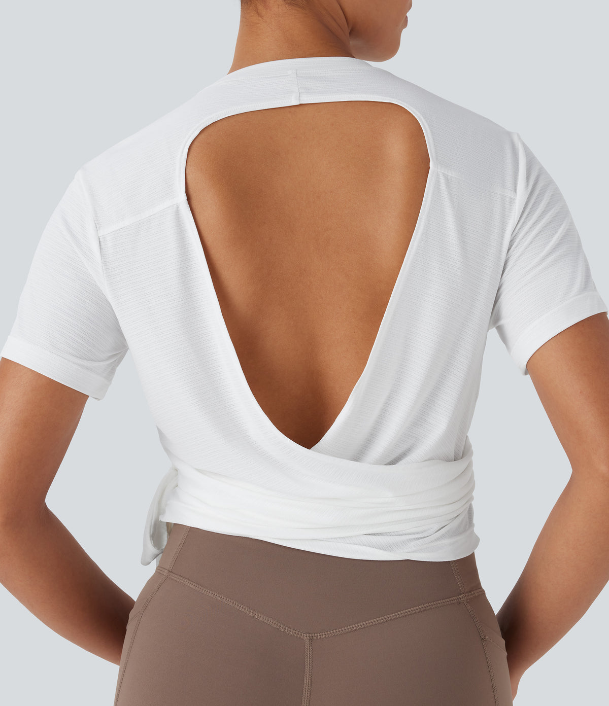 Round Neck Short Sleeve Backless Tie Side Yoga Sports Top — White — view 4