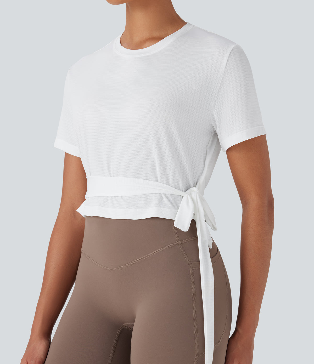 Round Neck Short Sleeve Backless Tie Side Yoga Sports Top — White — view 5
