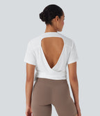 Round Neck Short Sleeve Backless Tie Side Yoga Sports Top — White — view 1