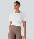 Round Neck Short Sleeve Backless Tie Side Yoga Sports Top — White — view 2