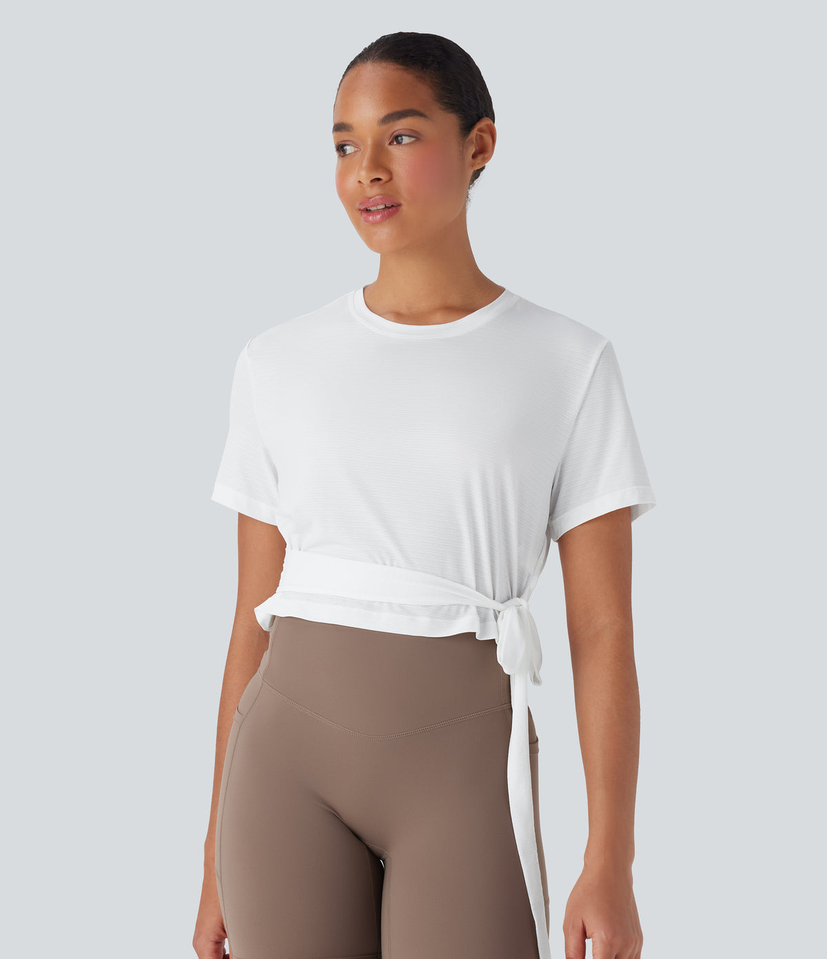 Round Neck Short Sleeve Backless Tie Side Yoga Sports Top — White — view 2