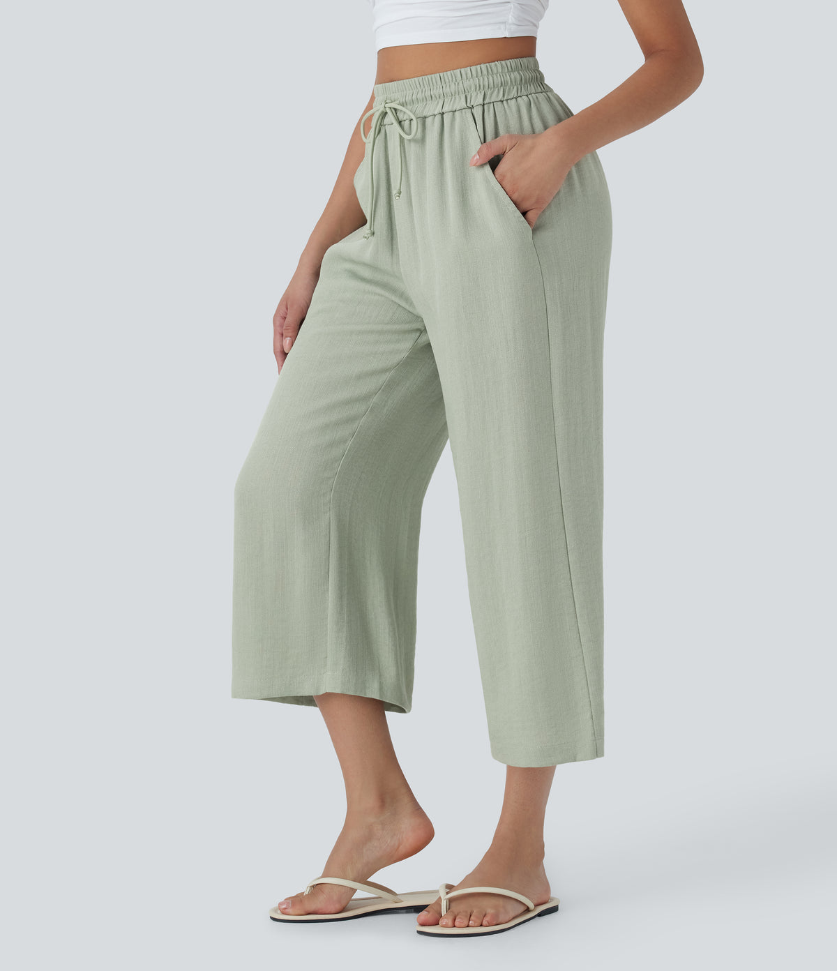 High Waisted Drawstring Wide Leg Cropped Casual Linen-Feel Trousers with Pockets — Pale Aqua — view 3