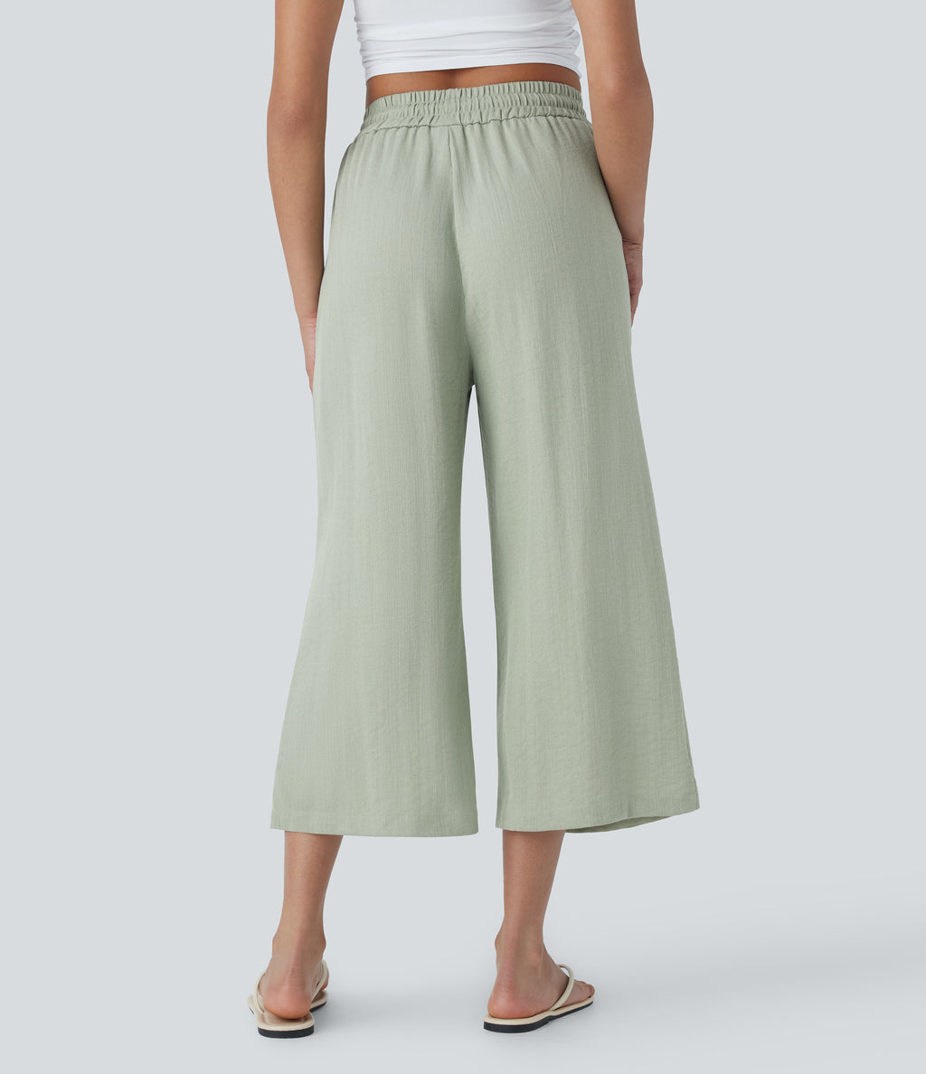 High Waisted Drawstring Wide Leg Cropped Casual Linen-Feel Trousers with Pockets — Pale Aqua — view 2