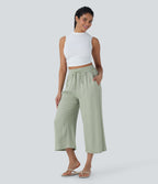 High Waisted Drawstring Wide Leg Cropped Casual Linen-Feel Trousers with Pockets — Pale Aqua — view 7