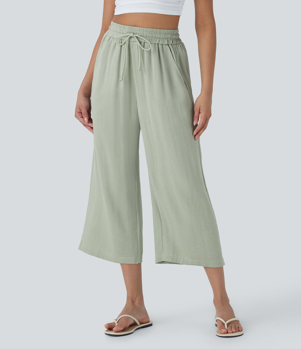 High Waisted Drawstring Wide Leg Cropped Casual Linen-Feel Trousers with Pockets — Pale Aqua — view 1