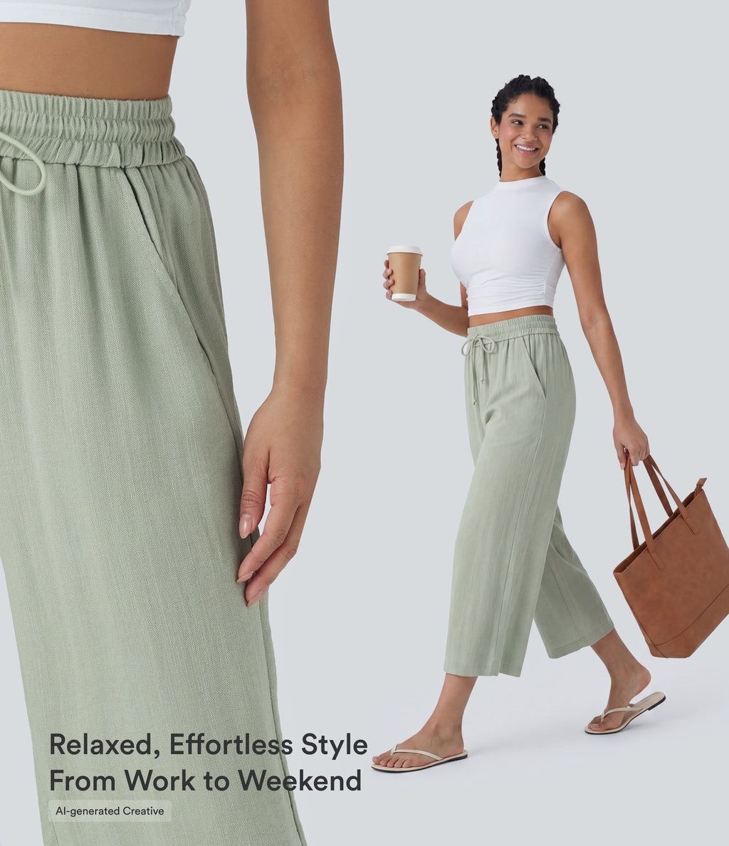 High Waisted Drawstring Wide Leg Cropped Casual Linen-Feel Trousers with Pockets — Pale Aqua — view 5