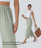 High Waisted Drawstring Wide Leg Cropped Casual Linen-Feel Trousers with Pockets — Pale Aqua — view 5