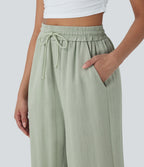 High Waisted Drawstring Wide Leg Cropped Casual Linen-Feel Trousers with Pockets — Pale Aqua — view 6