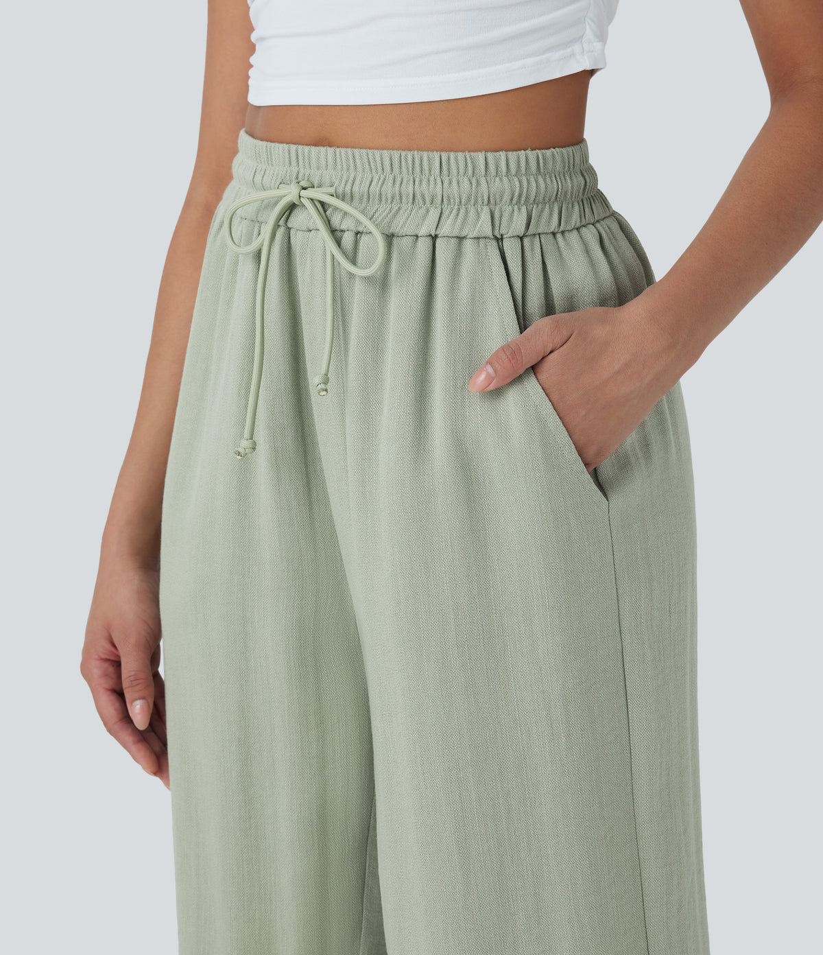 High Waisted Drawstring Wide Leg Cropped Casual Linen-Feel Trousers with Pockets — Pale Aqua — view 6