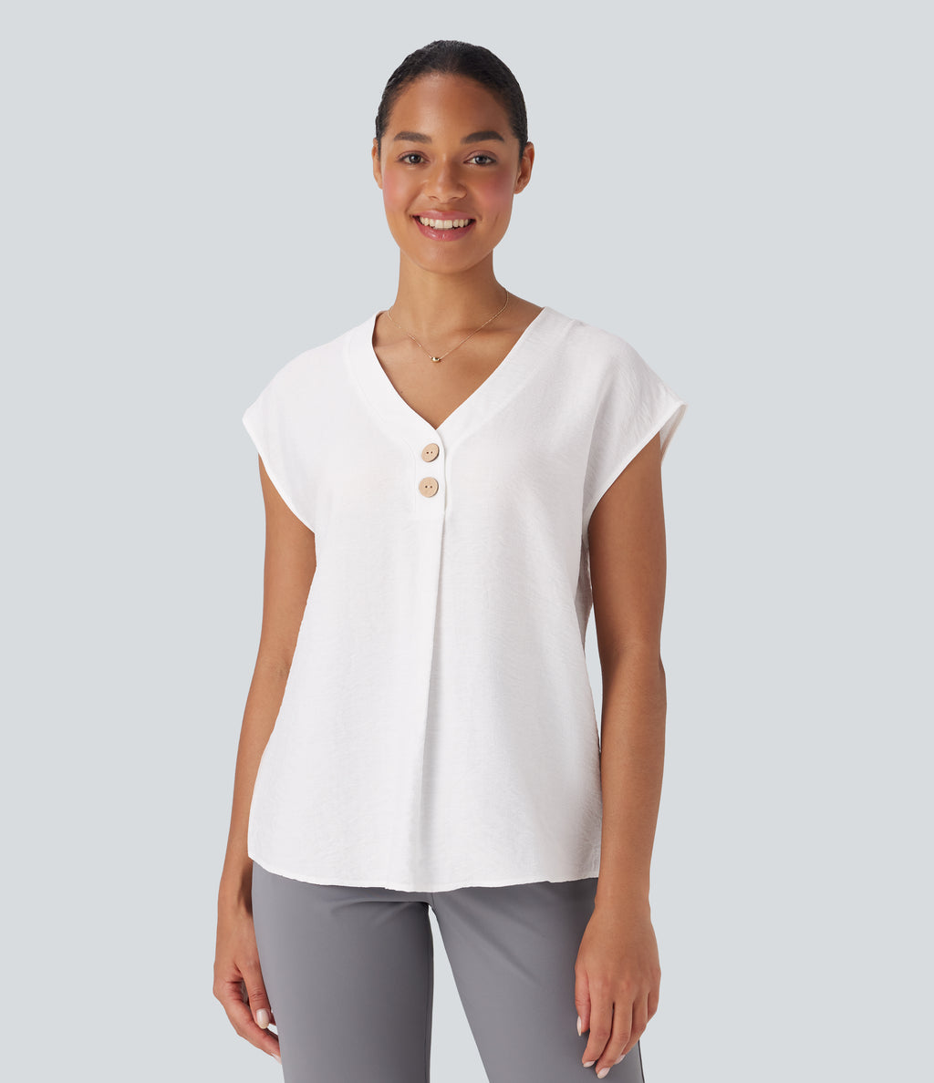 V Neck Cap Sleeve Decorative Button Work Blouse — White — view 5