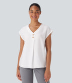 V Neck Cap Sleeve Decorative Button Work Blouse — White — view 5