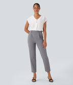 V Neck Cap Sleeve Decorative Button Work Blouse — White — view 6