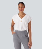 V Neck Cap Sleeve Decorative Button Work Blouse — White — view 1