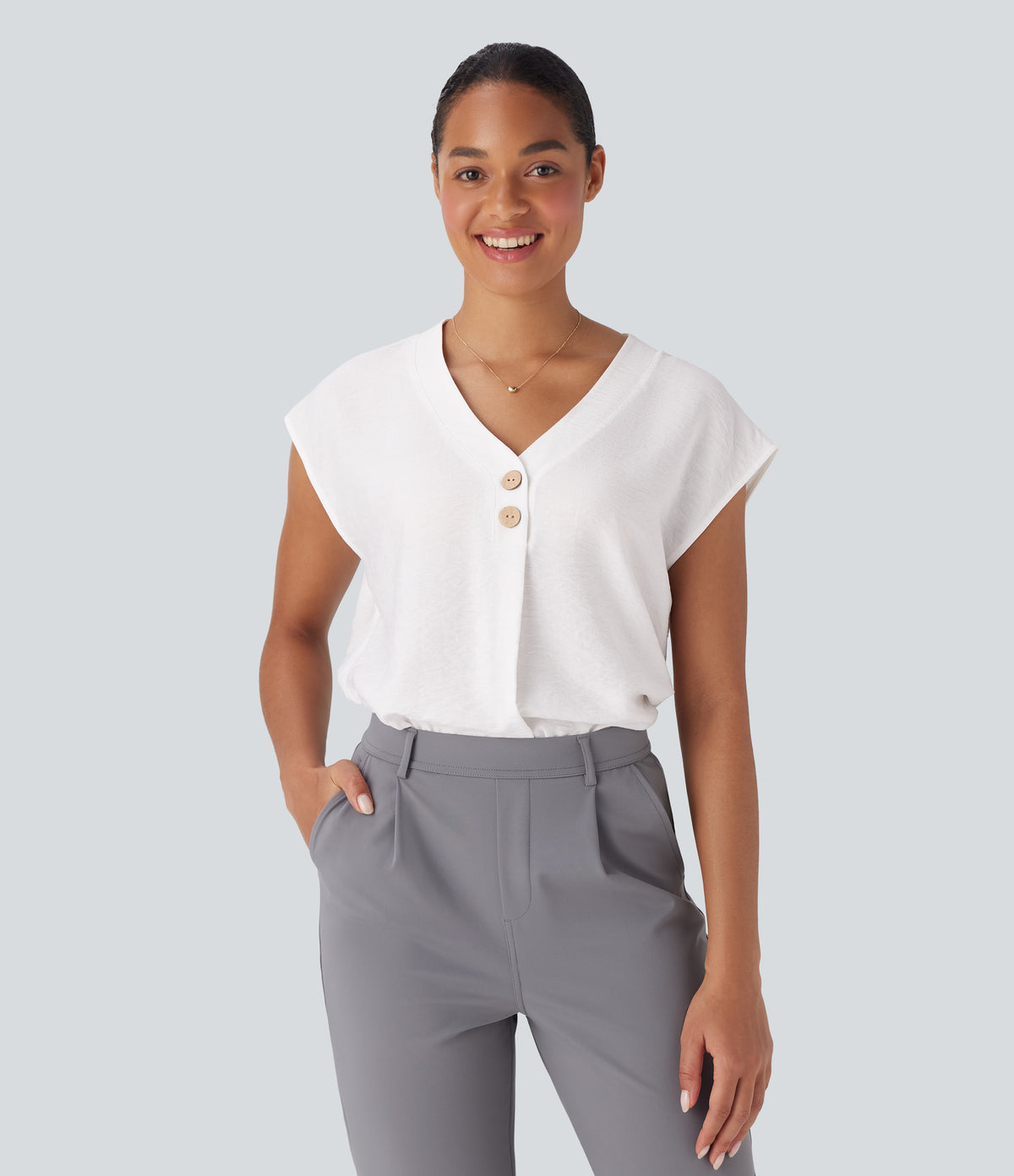 V Neck Cap Sleeve Decorative Button Work Blouse — White — view 1