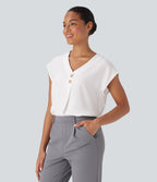 V Neck Cap Sleeve Decorative Button Work Blouse — White — view 3