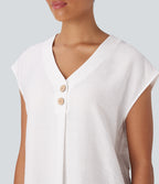 V Neck Cap Sleeve Decorative Button Work Blouse — White — view 4