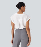 V Neck Cap Sleeve Decorative Button Work Blouse — White — view 2